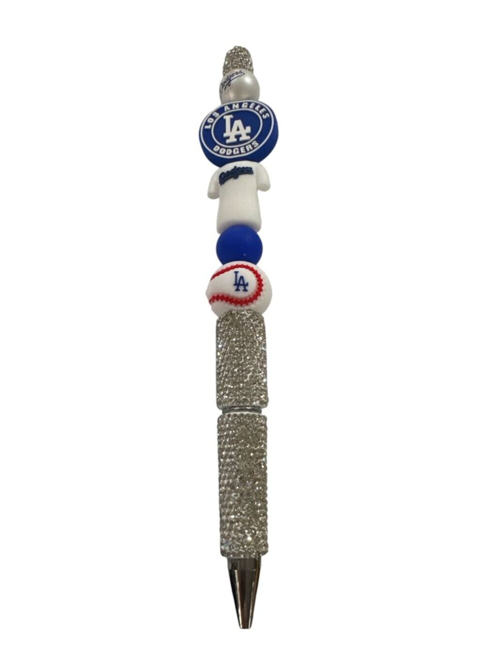 Los Angeles Dodgers Themed Glitter Pen With Decorative Beaded Design Silver & Bl